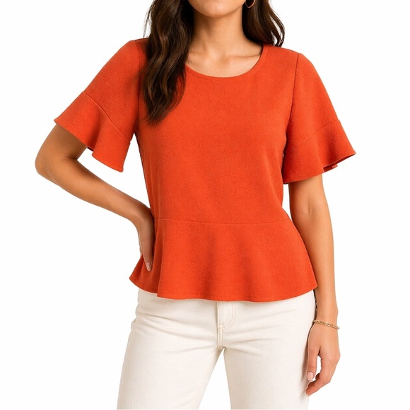 Madewell Tops - Madewell XS Orange Textured Flutter Sleeve Peplum Blouse Top